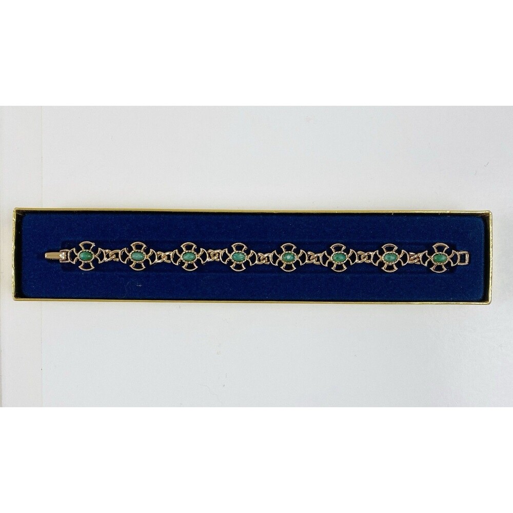 Vintage 70s Avon Baroness Bracelet Gold Tone Faux Jade Maltese Cross Links 7 in